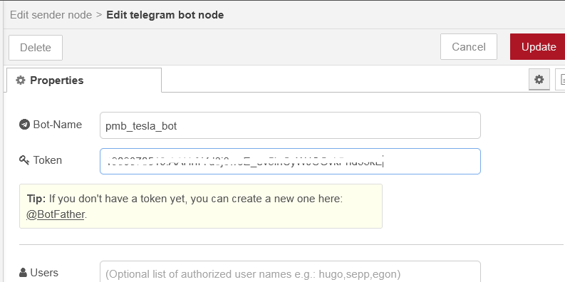 Node-RED Telegram configuration example
